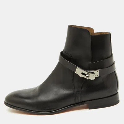 Pre-owned Hermes Black Leather Jeff Ankle Length Boots Size 40