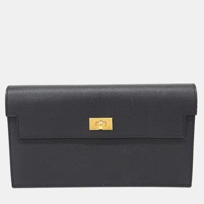 Pre-owned Hermes Black Leather Kelly Pocket Long Wallet (w)