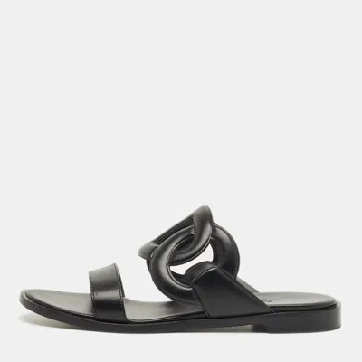 Pre-owned Hermes Black Leather Lagune Flat Slide Size 38