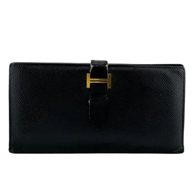 Pre-owned Hermes Black Leather Long Wallet (bi-fold) ()