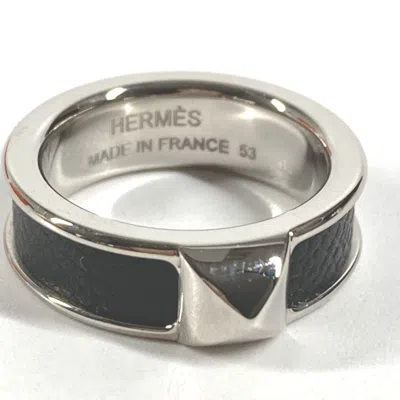 Pre-owned Hermes Black Leather Metal Band Ring ()