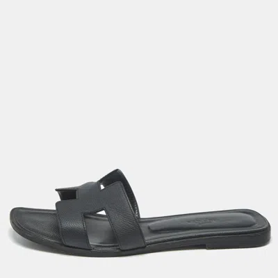 Pre-owned Hermes Black Leather Oran Flat Slide Sandals Size 38