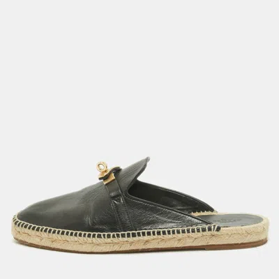 Pre-owned Hermes Black Leather oz Espadrille Sandals Size 40