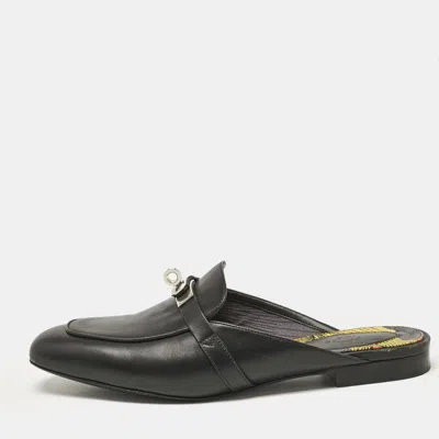 Pre-owned Hermes Black Leather oz Flat Mules Size 38.5
