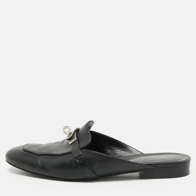 Pre-owned Hermes Black Leather oz Flat Mules Size 39