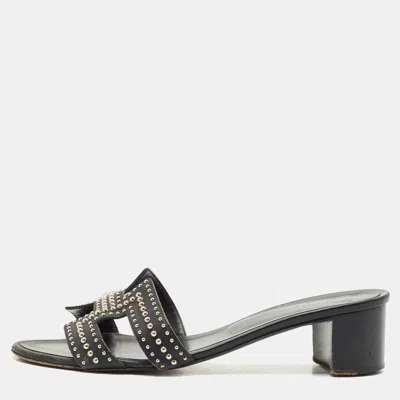 Pre-owned Hermes Black Leather Studded Oasis Block Heel Sandals Size 39
