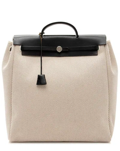 Pre-owned Hermes Hermès Black Leather Toile Cabas Herbag 40 Satchel (authentic Pre-loved)