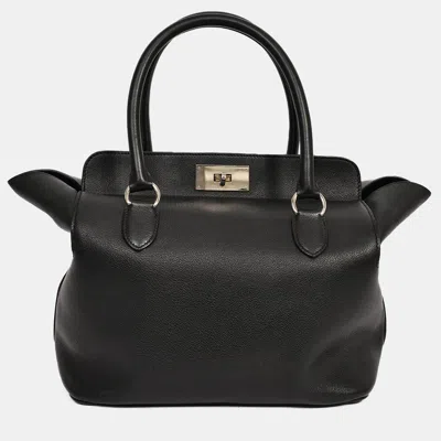 Pre-owned Hermes Black Leather Tool Box 26 Top Handle With Strap