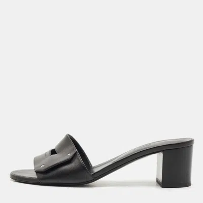 Pre-owned Hermes Black Leather View Slide Sandals Size 39.5
