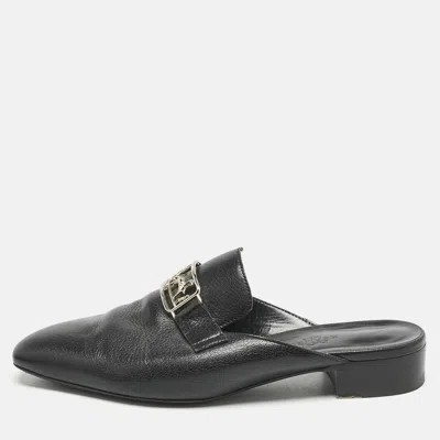 Pre-owned Hermes Black Leather Vincennes Flat Mules Size 37