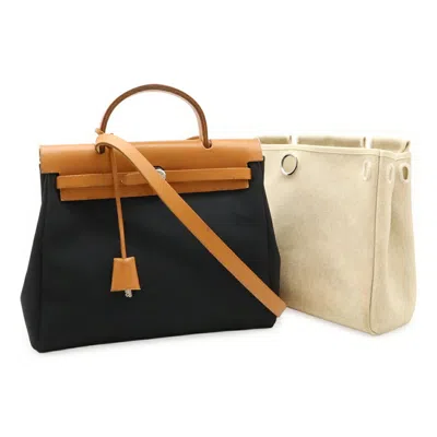 Pre-owned Hermes Black Light Brown Toile Officier Leather Handbag Shoulder Bag ()