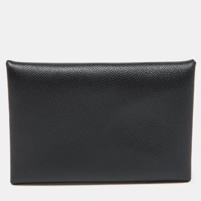Pre-owned Hermes Black Madame Leather Calvi Card Holder
