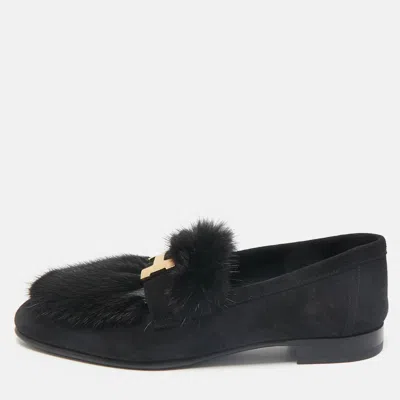 Pre-owned Hermes Hermès Black Mink Fur And Suede Smoking Slippers Size 36