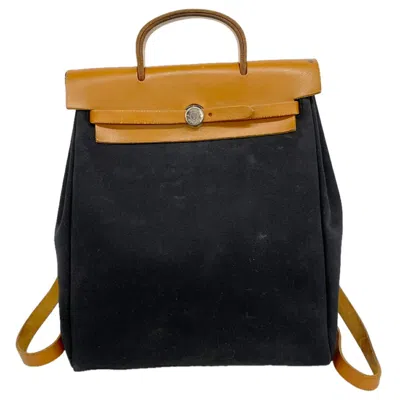 Pre-owned Hermes Black Natural Toile Officier Backpack () In Black, Natural
