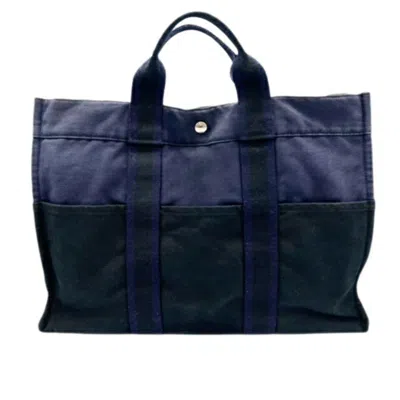 Pre-owned Hermes Black Navy Canvas Tote Bag () In Black, Navy