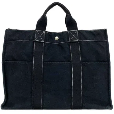 Pre-owned Hermes Black Navy Canvas Tote Bag () In Black, Navy