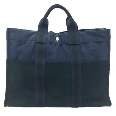 Pre-owned Hermes Black Navy Canvas Tote Bag () In Black, Navy