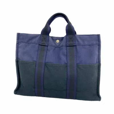 Pre-owned Hermes Black Navy Canvas Tote Bag () In Black, Navy