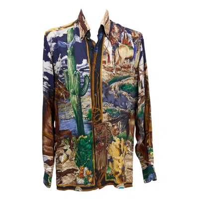 Pre-owned Hermes Hermès Black Navy Pony Express Silk Shirt In Blue