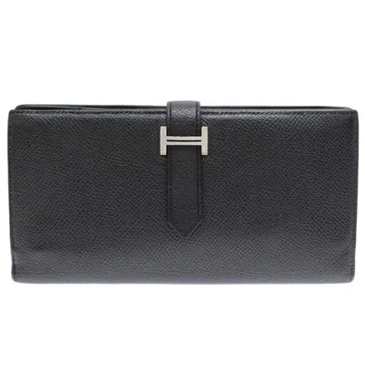 Pre-owned Hermes Black Noir Epsom Leather Long Wallet (bi-fold) ()