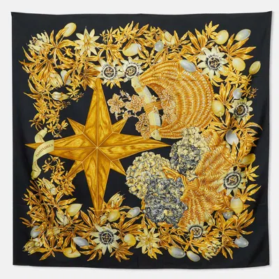 Pre-owned Hermes Hermès Black Passiflores Silk Scarf