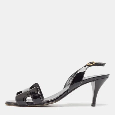 Pre-owned Hermes Black Patent Night Slingback Sandals Size 37.5