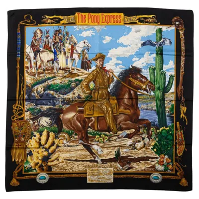 Pre-owned Hermes Hermès Black Pony Express Silk Scarf
