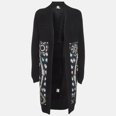 Pre-owned Hermes Black Printed Cotton And Purl Knit Long Cardigan S