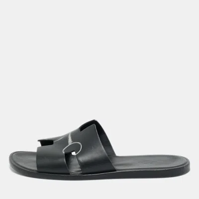 Pre-owned Hermes Black Printed Leather Izmir Flat Slides Size 43