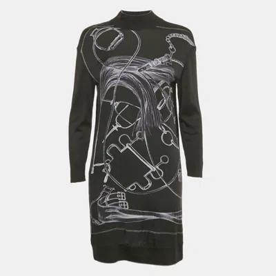 Pre-owned Hermes Black Printed Silk And Knit Mini Dress S