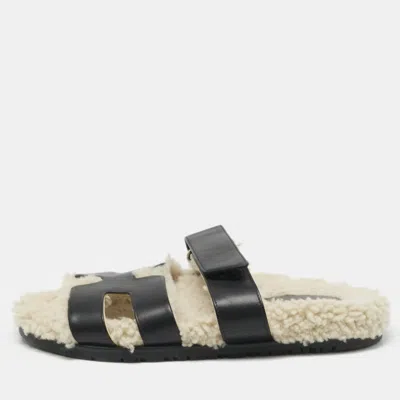 Pre-owned Hermes Black Shearling Fur And Suede Chypre Flat Sandals Size 40