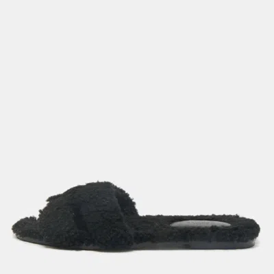 Pre-owned Hermes Black Shearling Fur Oran Flat Sandals Size 39