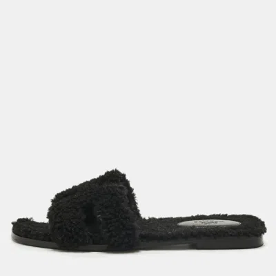 Pre-owned Hermes Hermès Black Shearling Fur Oran Flat Slides Size 38