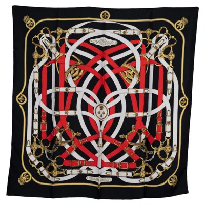 Pre-owned Hermes Black Silk Cavalcadour 90 Scarf Noir Blanc Rouge