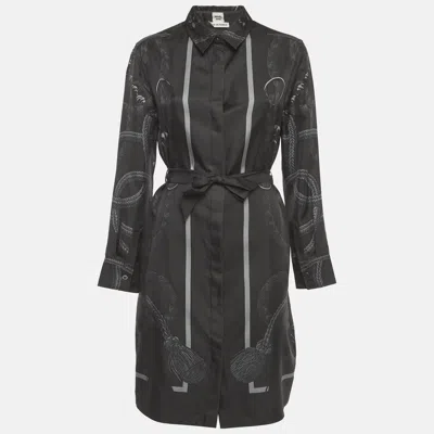 Pre-owned Hermes Black Silk Palefroi Remix Shirt Dress M