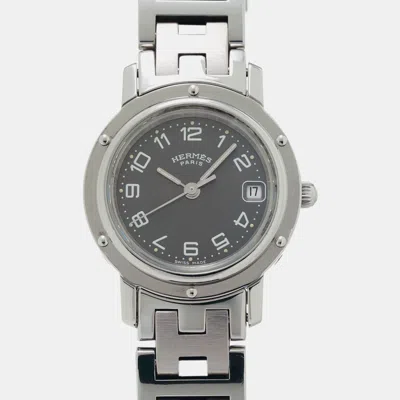 Pre-owned Hermes Black Stainless Steel Clipper Cl4.210 Quartz Women's Wristwatch 24 Mm