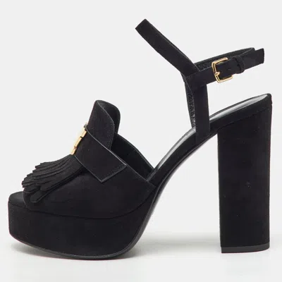 Pre-owned Hermes Black Suede Anjou Block Heel Platform Ankle Strap Sandals Size 40