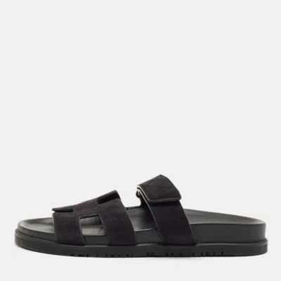 Pre-owned Hermes Black Suede Chypre Flat Sandals Size 39