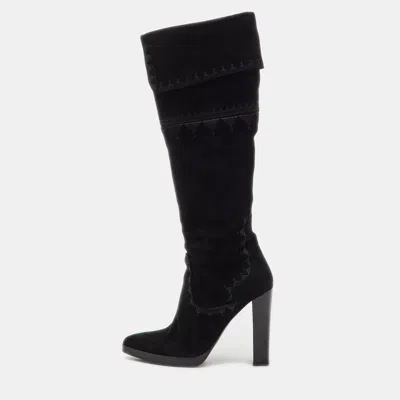 Pre-owned Hermes Black Suede Crusader Embroidered Knee Length Boots Size 36.5