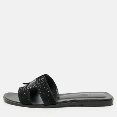 Pre-owned Hermes Black Suede Crystal Embellished Oran Flat Slides Size 39