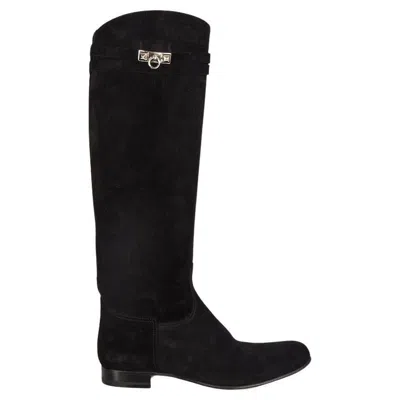 Pre-owned Hermes Black Suede Her Collier De Chien Knee High Flat Boots Shoes 36.5