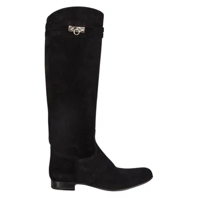Pre-owned Hermes Black Suede Her Collier De Chien Knee High Flat Boots Shoes 39.5