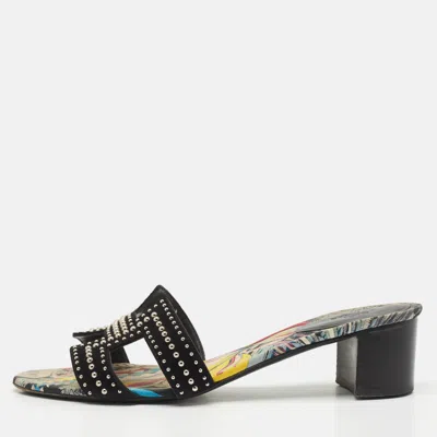 Pre-owned Hermes Black Suede Studded Oasis Slide Sandals Size 40