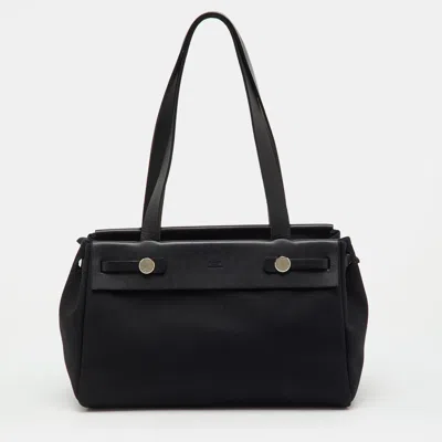 Pre-owned Hermes Black Toile Canvas And Vache Hunter Herbag Cabas Pm Bag