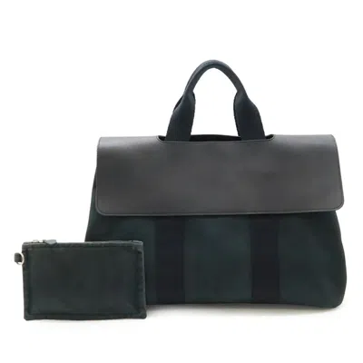 Pre-owned Hermes Black Toile Chevron Leather Handbag Pouch Tote Bag ()