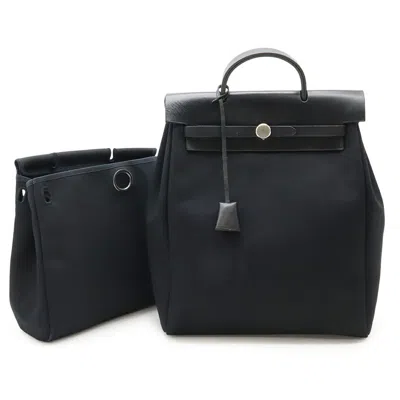 Pre-owned Hermes Black Toile Officier Leather Backpack Handbag ()
