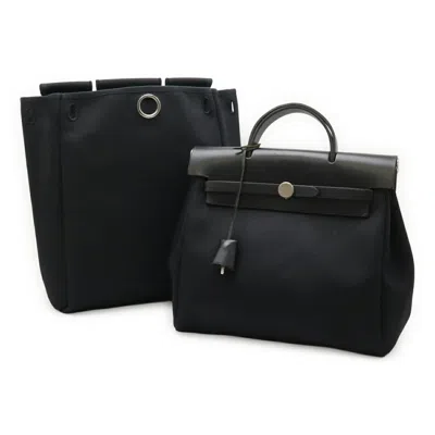 Pre-owned Hermes Black Toile Officier Leather Backpack Handbag ()