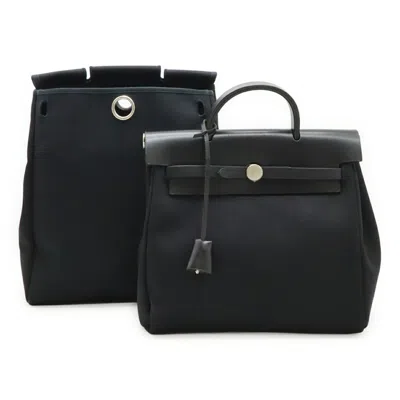 Pre-owned Hermes Black Toile Officier Leather Backpack Handbag ()