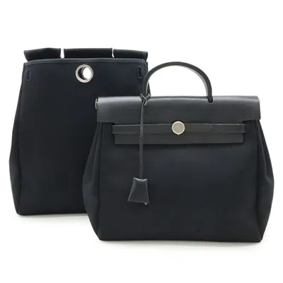 Pre-owned Hermes Black Toile Officier Leather Backpack Handbag ()