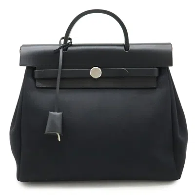 Pre-owned Hermes Black Toile Officier Leather Backpack Handbag ()